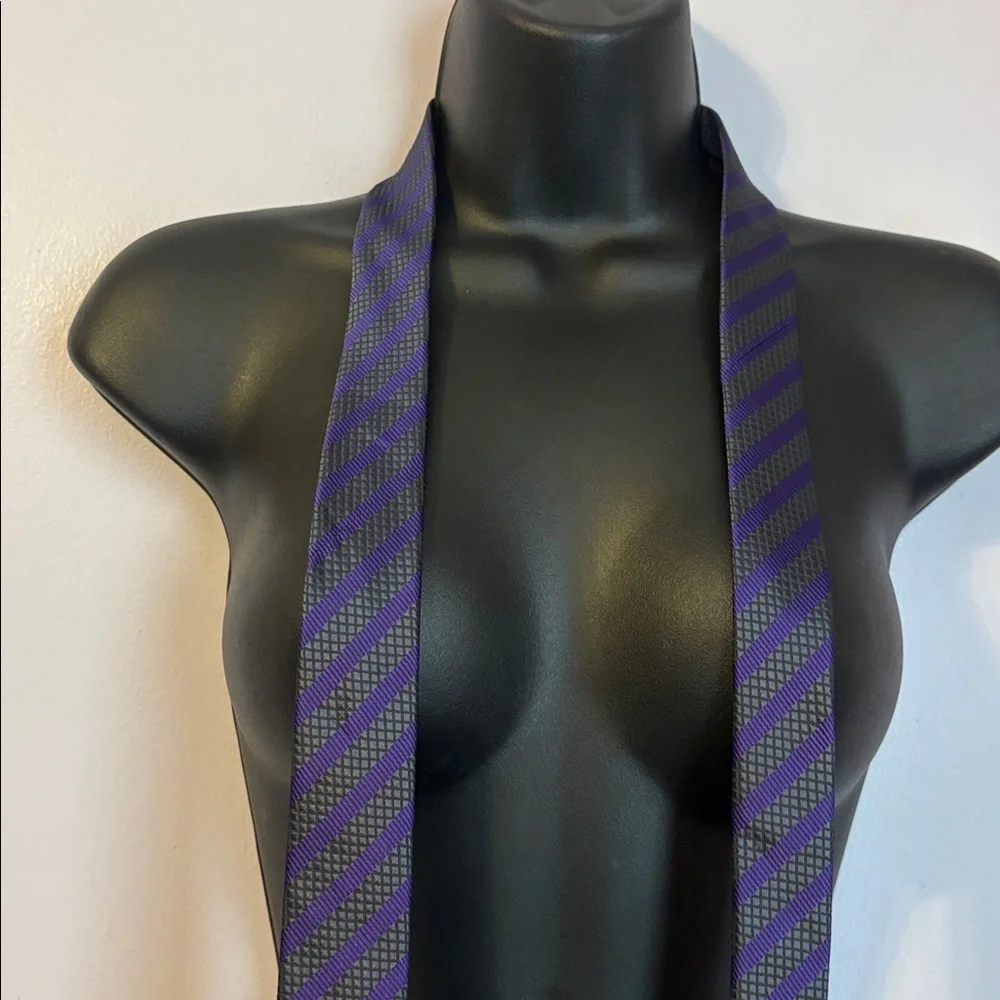 Valentino Gray Silver Purple Striped Thin Textured Necktie Tie